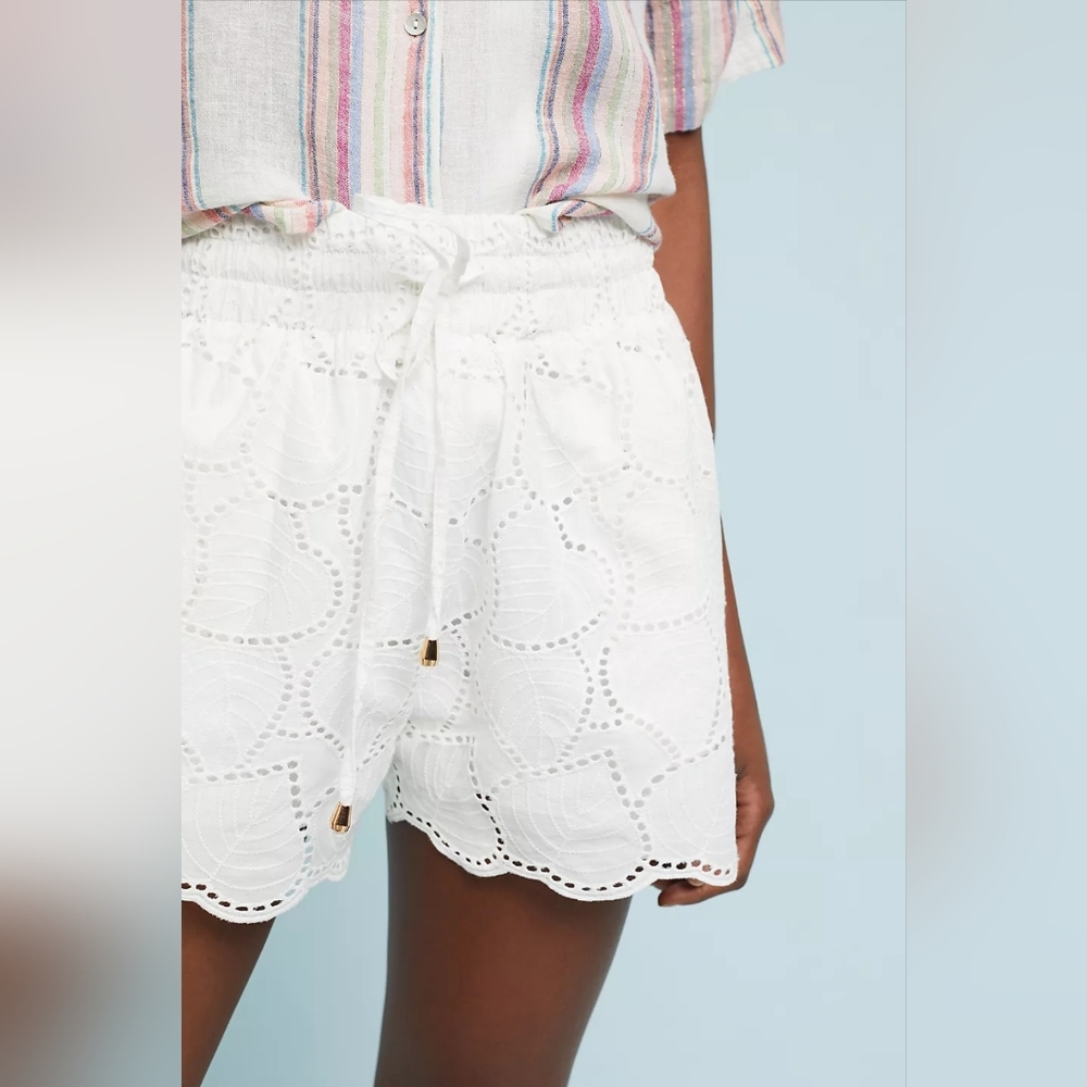 bishop + young White Eyelet Scalloped Hem Drawstring Shorts